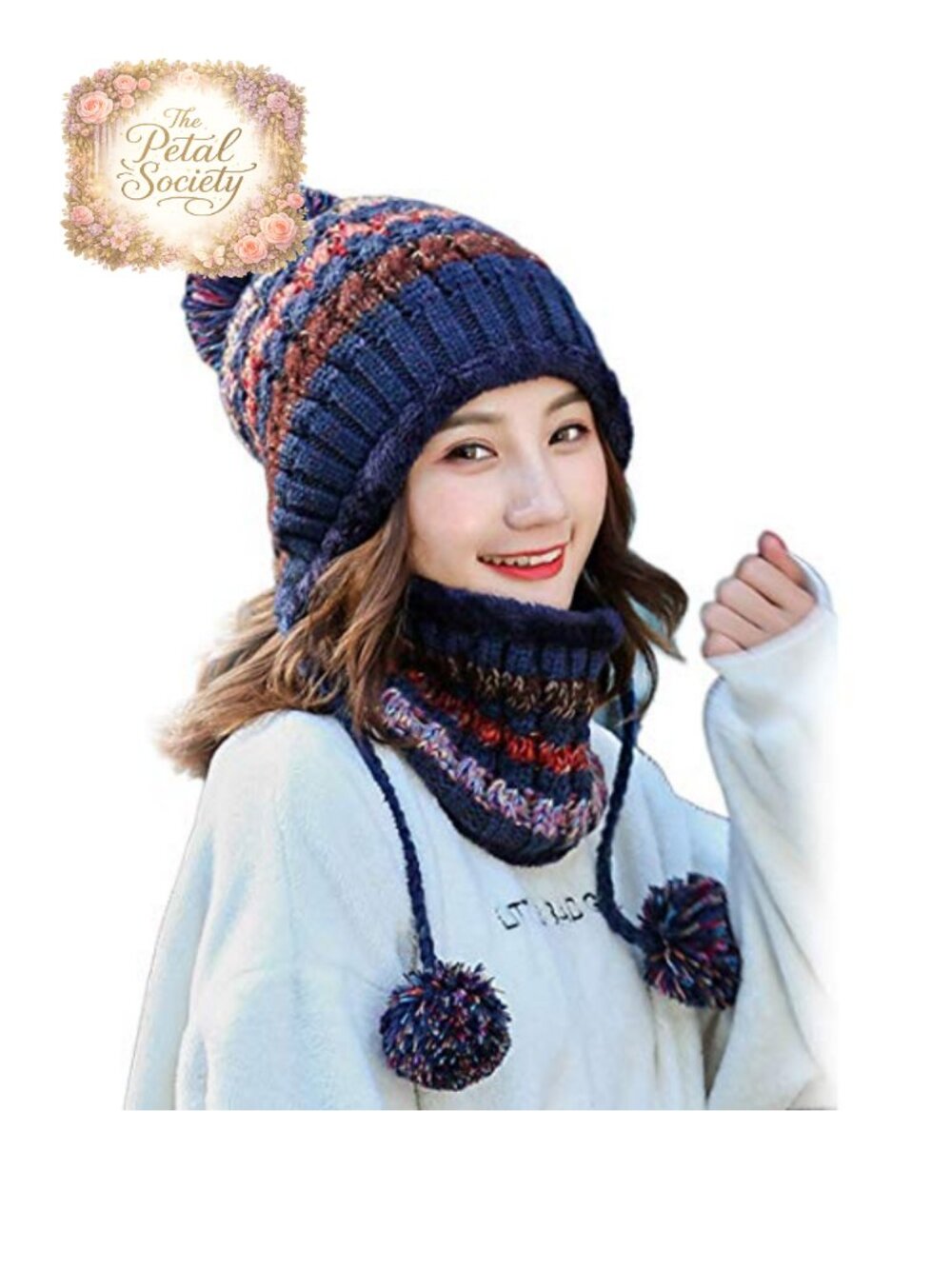Women Winter Knit Beanie Hat Circle Scarf Set Pompoms Ear Flaps